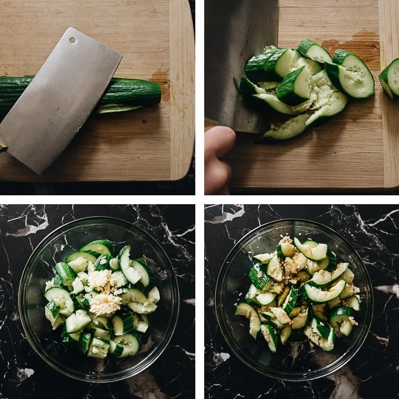 smashing cucumbers and combining garlic